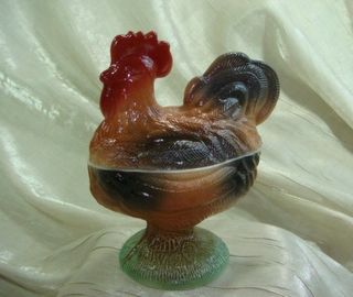5 " Standing Rooster On Nest Milk Glass Airbrushed Multi Colored