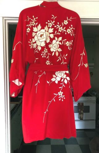 Vintage Japenese Robe Red Embroidered Floral Silk Robe Kimono O S Made In Japan