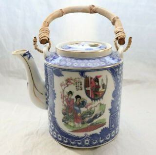 Vintage Japanese Porcelain Sencha Tea Pot W/ Wooden Handle Early To Mid Century