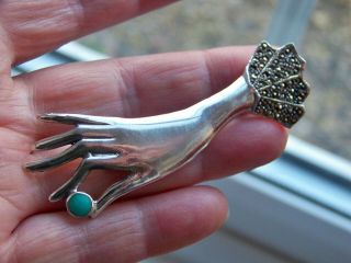 Large Sterling Silver Turquoise & Marcasite Victorian Ladies Hand Brooch Pin