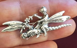 Art Nouveau Jewellery Sterling Silver Cherub Riding A Dragonfly Brooch Pin