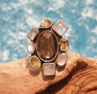 Vintage Chunky 925 Solid Sterling Silver Topaz,  Moonstone & Citrine Cluster Ring
