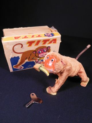 Rare Vintage Tita Tin Toy Wind Up Banana Eating Monkey - Japan