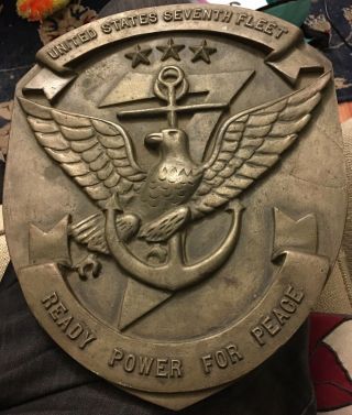 Huge,  Heavy Ca.  1950’s 7th Fleet Us Navy Brass Insignia Plaque Vintage With Eagle
