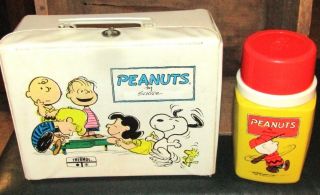 1972 Peanuts Charlie Brown White Vinyl Lunch Box W/1950 Peanuts Thermos - Schulz