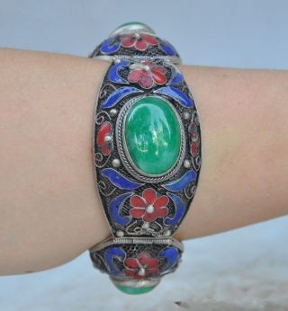 Chinese Old Tibet Dynasty Palace Cloisonne Silver Inlaid Jade Bracelet Rn