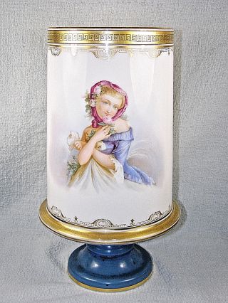 Large Antique Glass Hand Painted Votive Candle Holder - Portrait