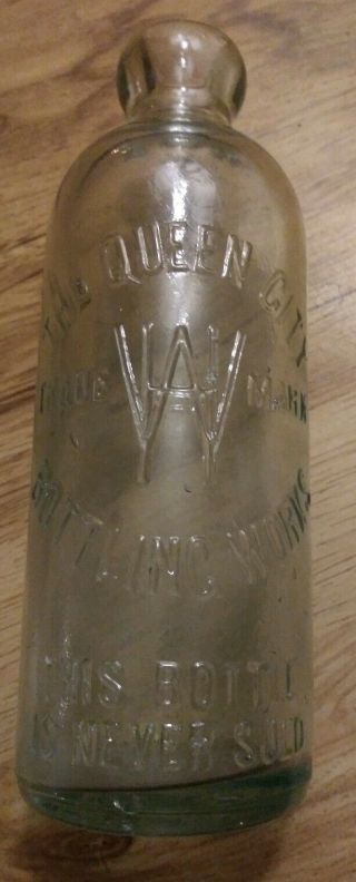 The Queen City Bottling Embossed Hutchinson Soda Blob Top Aqua Bottle W.  H.