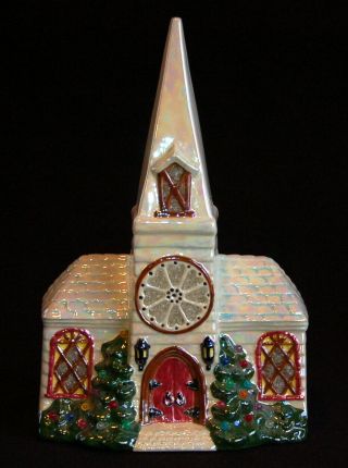 Vintage Ceramic Church Light - Up Hand - Painted Iridescent By Loving Touch