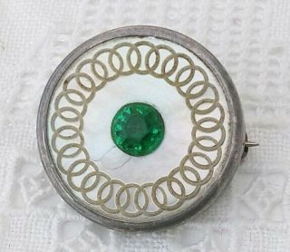 Antique Victorian Emerald Green Paste Sterling Silver Target Brooch Mop Inlaid