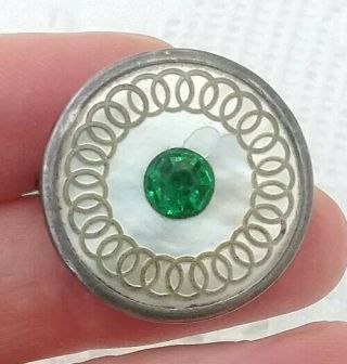 Antique Victorian Emerald Green Paste Sterling Silver Target Brooch MOP Inlaid 2