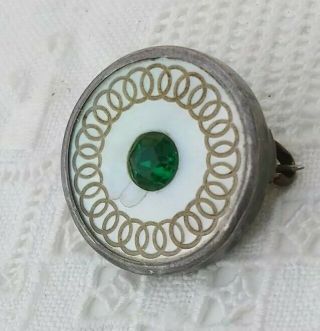 Antique Victorian Emerald Green Paste Sterling Silver Target Brooch MOP Inlaid 3