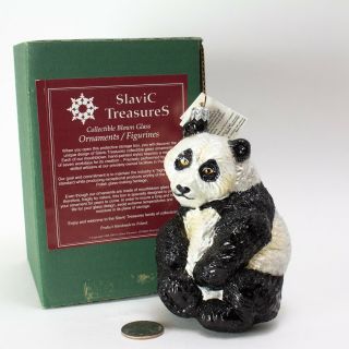 Slavic Treasures Hand Blown Glass Animal Ornament 5 " Panda Bear Poland Retired