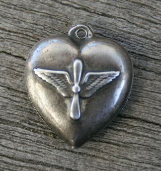 Vintage Sterling Silver Puffy Heart Charm - Wwii Us Army Air Corp Pilot Logo