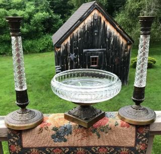 Antique Ornate Engraved Cast Brass Candle Holders And Bowl Set