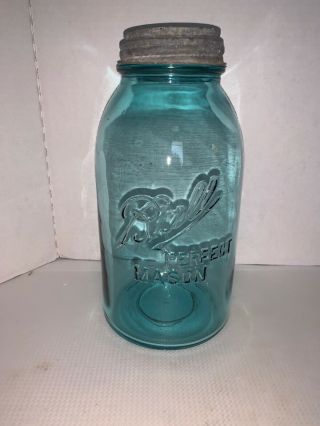 Ball Perfect Mason 1/2 Gal Blue Glass Canning Jar 1 W/ Zinc Lid 1910 - 1923