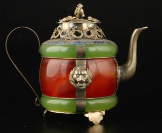 Chinese handwork old green & Red jade bracelet inlay tibet - silver dragon teapot 2