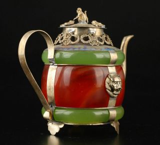 Chinese handwork old green & Red jade bracelet inlay tibet - silver dragon teapot 3