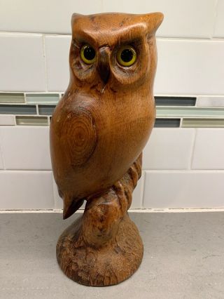 Vintage Wood Wooden Owl Hand Carved Sculpture Figurine Glass Eyes 12” Kc