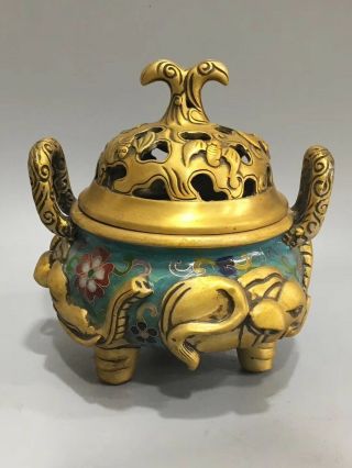Chinese Cloisonne Incense Burner Carved Elephant Brass Three Feet incense burner 3