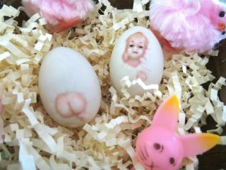 Pr Victorian Porcelain Bisque Baby Hatching Easter Eggs,  Wood Strawberry Basket