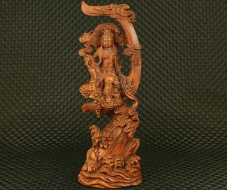 True To Life China Boxwood Handcarved Guanyin Sit Moon Statue Pray Bless