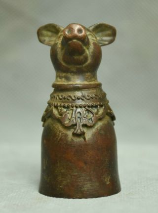 6.  5cm Folk Old Chinese Bronze Feng Shui Pig Animal Head Wineglass Wine Pot