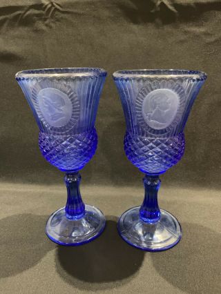 Vintage Fostoria Avon Martha & George Washington Blue Glass Goblets