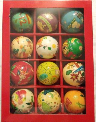Crate & Barrel The Twelve Days Of Christmas 12 Hand Painted Ball Ornaments Decor