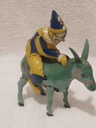 Clown Riding Bucking Donkey Tin Litho Wind Up Toy,  Drgm Made Us Zone Germany