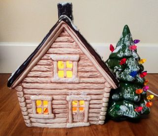 Vtg Ceramic Lighted Christmas Tree With Snowy Cabin