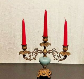 Antique Brass And Blue Glass 3 Arm Candelabra Table Candle Sconce Ornate Rare
