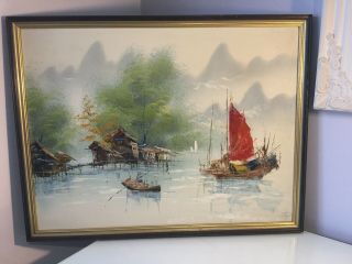 Vintage Oil Painting Chinese Junk Boats Ships.  Signed