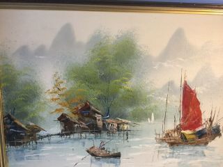 Vintage Oil Painting Chinese Junk Boats Ships.  Signed 3
