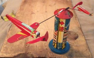 1930’s Marx Wind Up Tin Toy Airplane Skyhawk Control Tower W/ 2 Planes