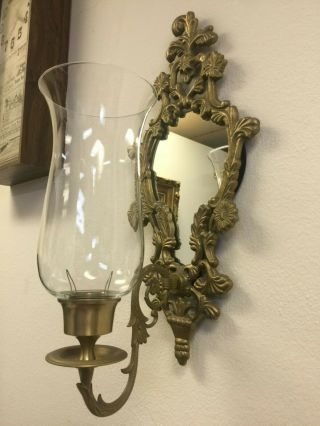 Vintage Brass Frame Mirror Candle Holder Wall Sconce,  20 " Tall X 9 " X 8 " Deep