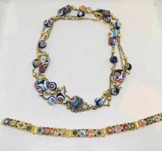 Vintage Murano Glass Millefiori Bead Necklace Bracelet Set