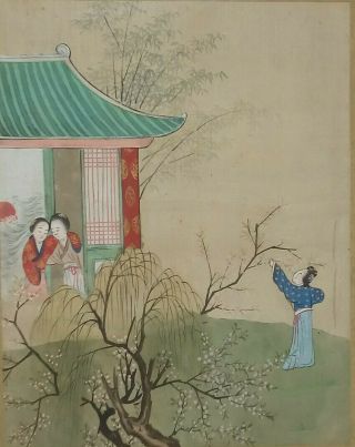 Vintage Japanese Painting On Silk - Figural Group Blossom Tree Garden - Framed