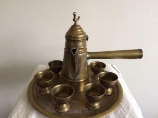 Antique Middle East Brass Dallah Tea/coffee Pot With,  6 Cups & Tray