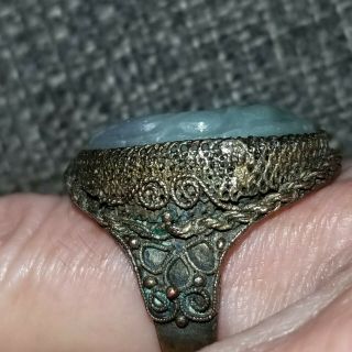 Antique Chinese Export Carved Green Jade Cocktail Ring Adjustable 3