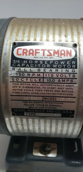 Vintage Craftsman 3/4 HP Electric Table Saw Motor 3450 RPM 115V 10 Amps 3