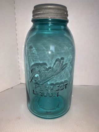 Ball Perfect Mason 1/2 Gallon Blue Glass Canning Jar 5 W/ Zinc Lid 1910 - 1923
