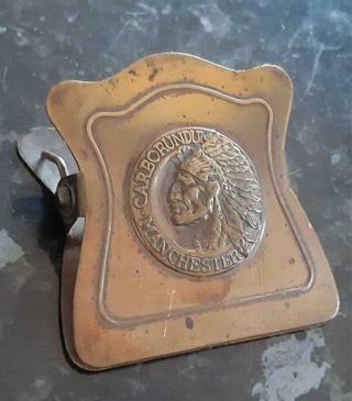 Vintage Brass " Carborundum Manchester " Advertising Desk Clip Red Indian Logo