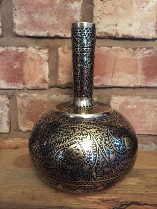 Stunning Antique Islamic Persian Brass & Silver Inlaid Water Flask