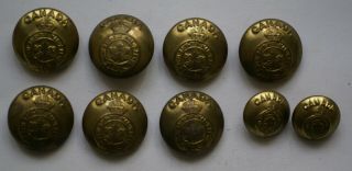 9 Canadian Army Buttons,  Kings Crown United Carr Canada; 7 Large 2 Small