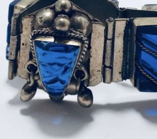 Vintage Carved Face Blue Glass Mexican Silver Panel Bracelet Mexico 7.  25 Inch