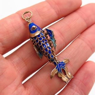 Antique Asia 925 Sterling Silver Chinese Blue Cloisonne Articulated Fish Pendant
