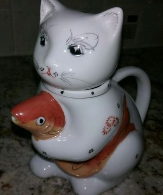 Chinese Cat With Koi Fish Teapot/creamer Porcelain Ceramic Floral Kitten