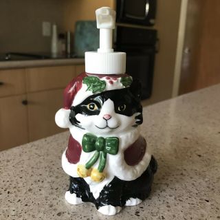 Christmas Tuxedo Cat Ceramic Hand Soap Lotion Dispenser Otagiri Cindy Sugawara