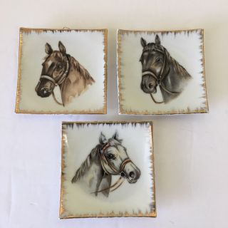 3 Vintage Bradley Exclusives Horse Head Square Plates Dishes Wall Decor Japan